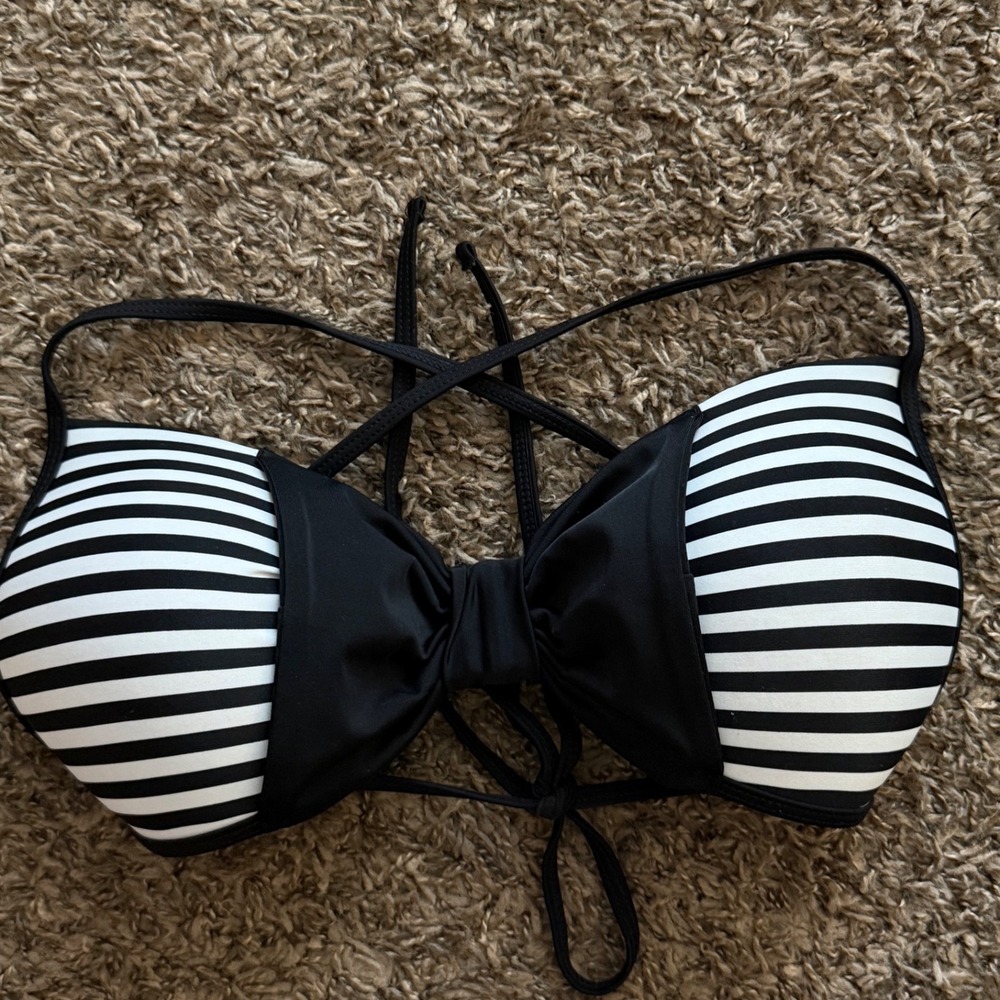 Damsel Womens Black White Striped Padded Bikini Top Size L EBJ472 Nautical Bow